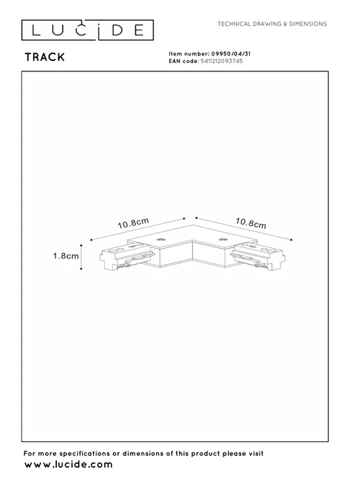Lucide TRACK L-koppelstuk - 1-fase Railsysteem / Railverlichting - Rechts - Wit (Uitbreiding) - technisch